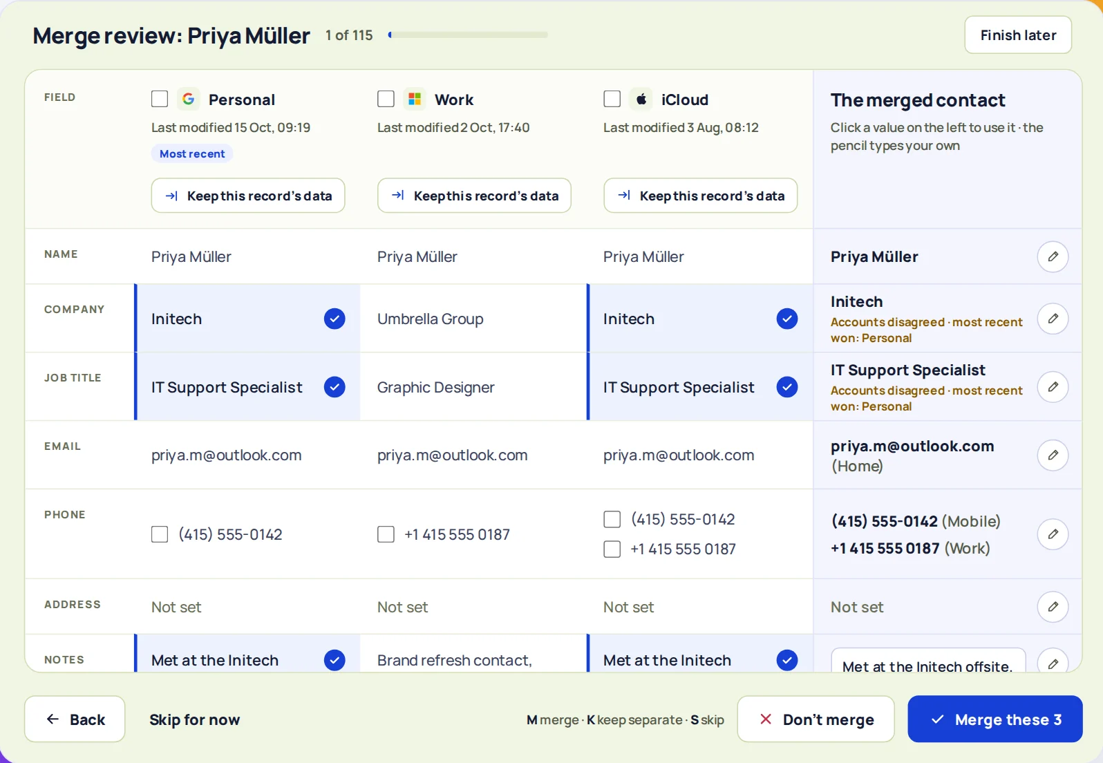 ContactZapp showing duplicate contact groups side by side, with each field laid out for review
