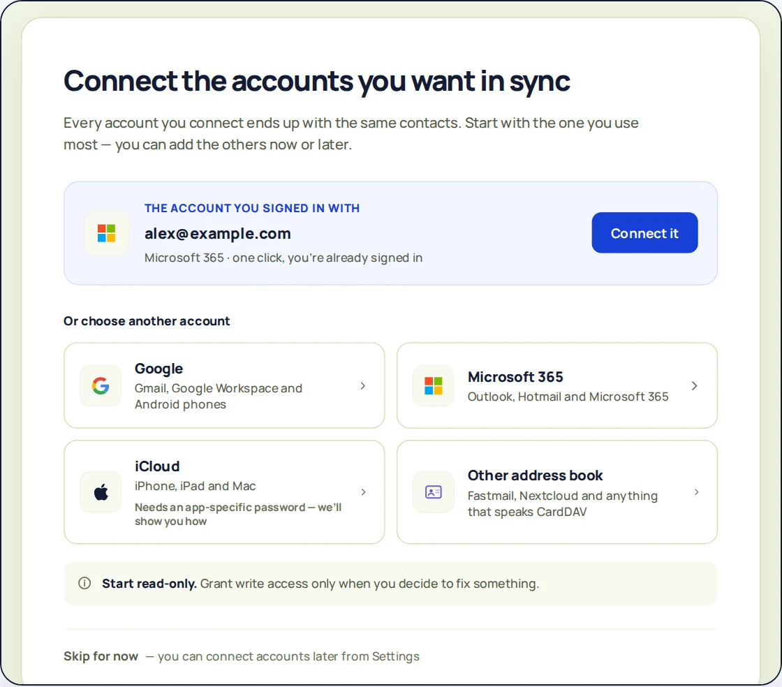 The Connect screen, listing Google, Microsoft 365, iCloud and any CardDAV address book.