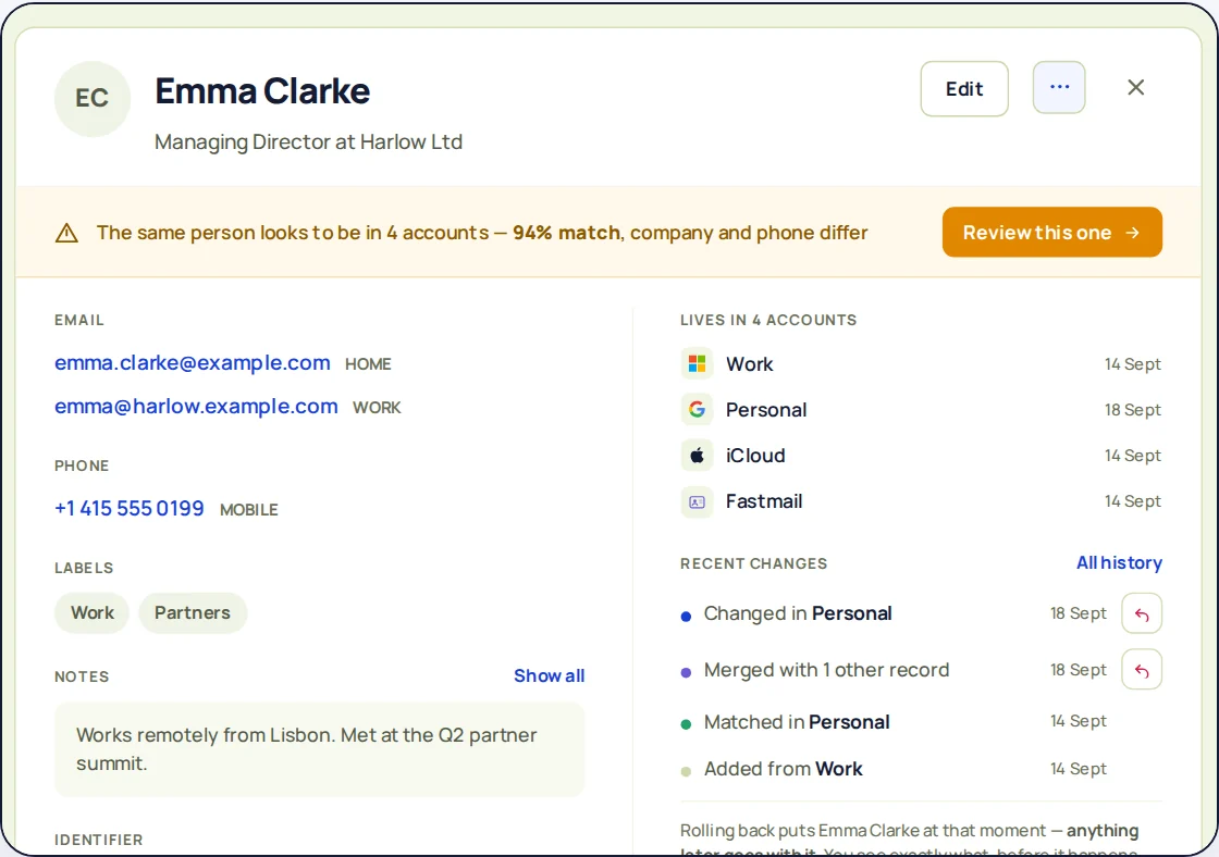 A contact's detail page, listing every account the contact lives in.