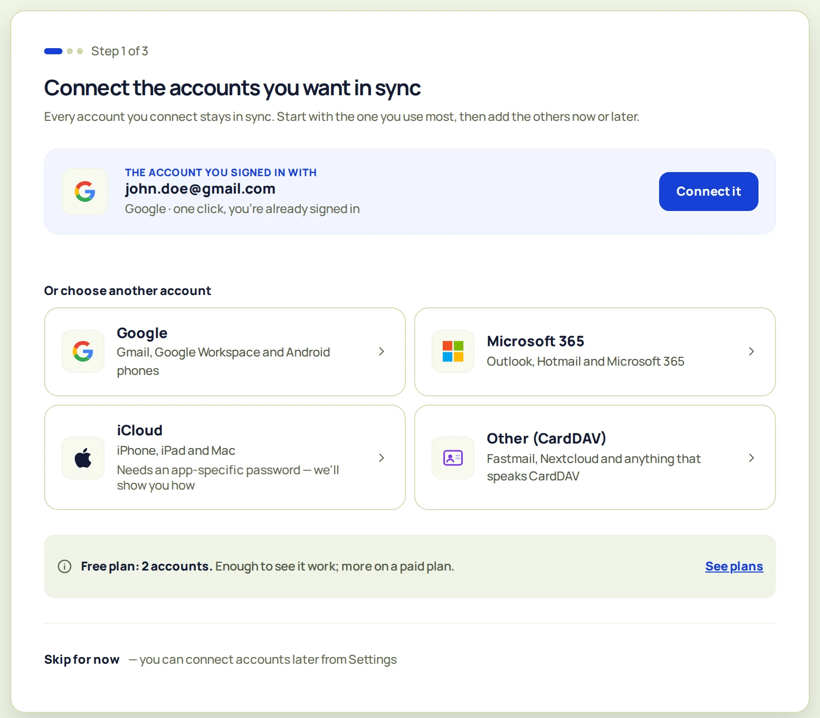 Connect your accounts screen