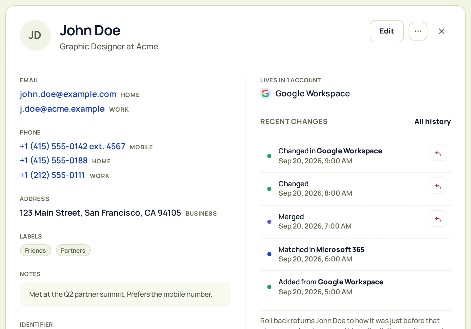 Contact detail with recent changes