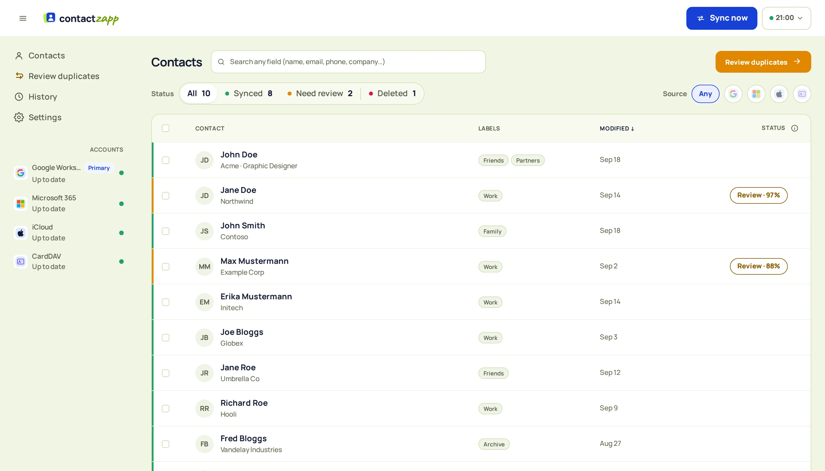ContactZapp contact list with example contacts