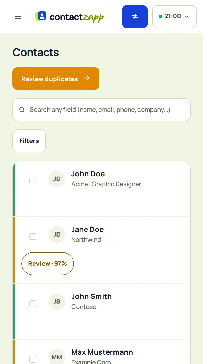 ContactZapp contact list on a phone